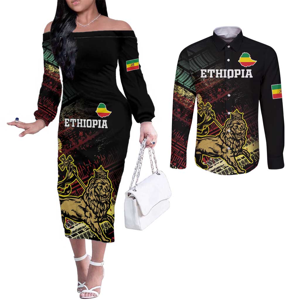 Meskel Ethiopia Couples Matching Off The Shoulder Long Sleeve Dress and Long Sleeve Button Shirt Lion Of Judah With Grunge Patterns