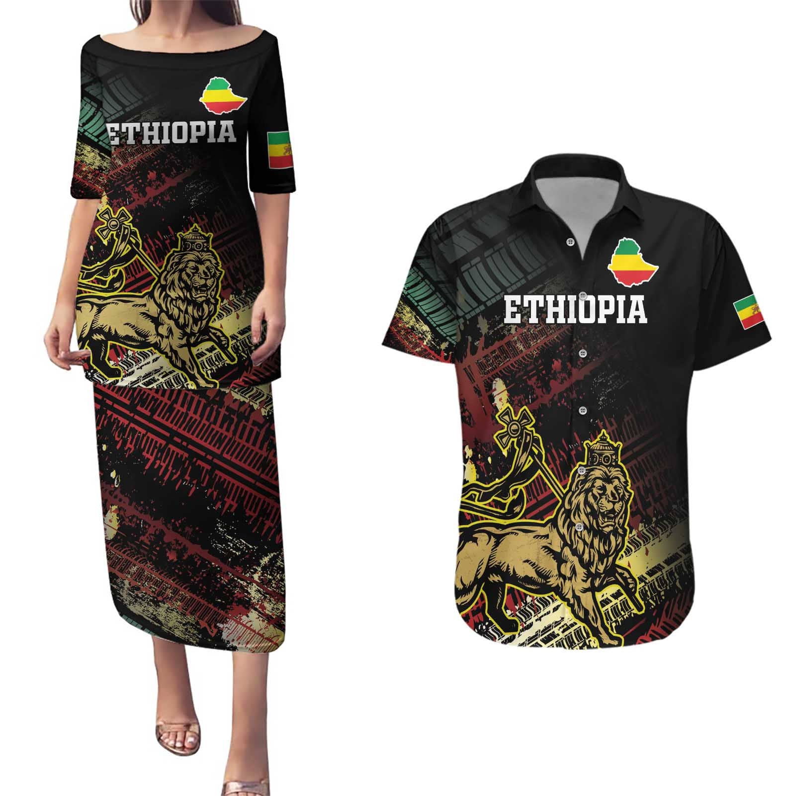 Meskel Ethiopia Couples Matching Puletasi and Hawaiian Shirt Lion Of Judah With Grunge Patterns - Wonder Print Shop