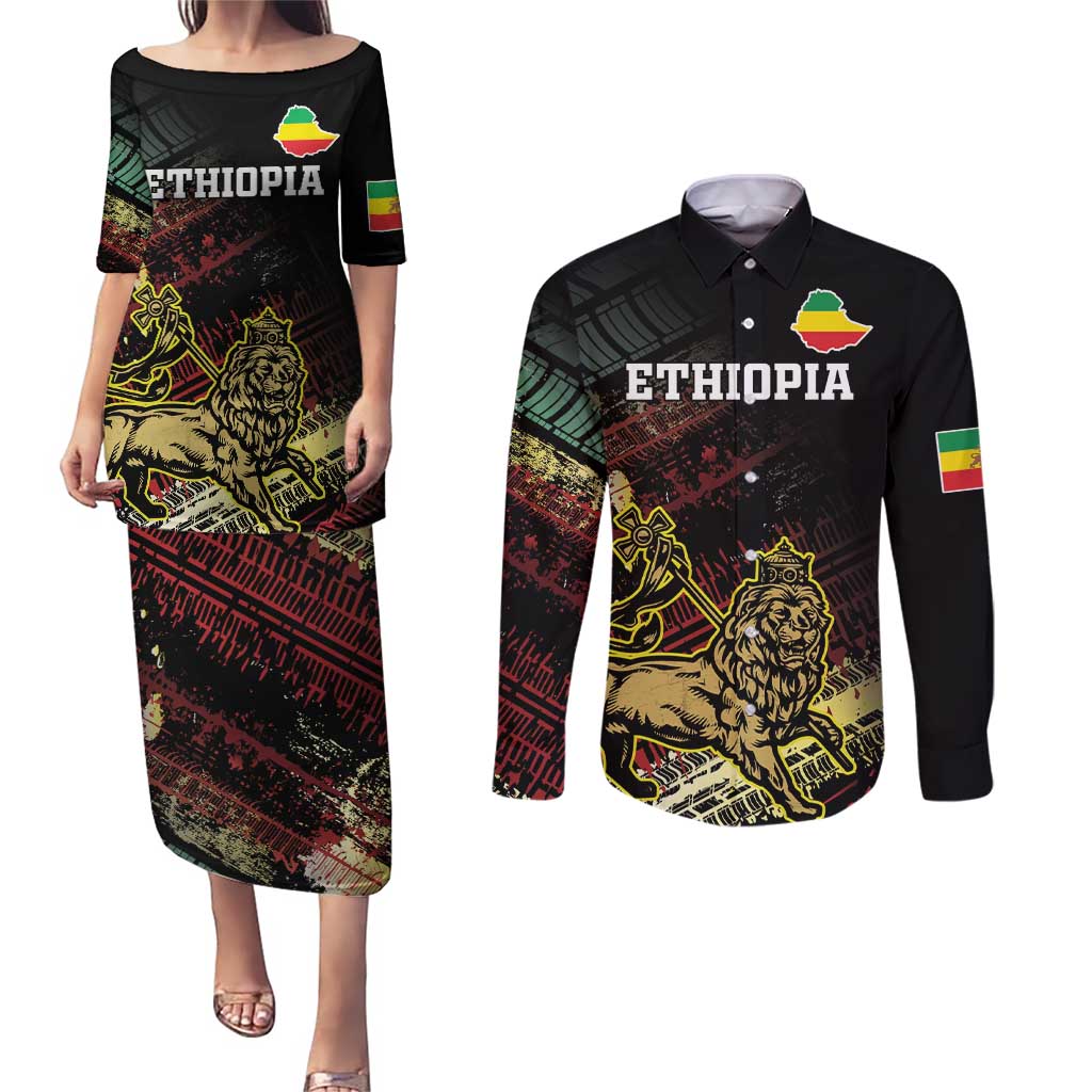 Meskel Ethiopia Couples Matching Puletasi and Long Sleeve Button Shirt Lion Of Judah With Grunge Patterns - Wonder Print Shop