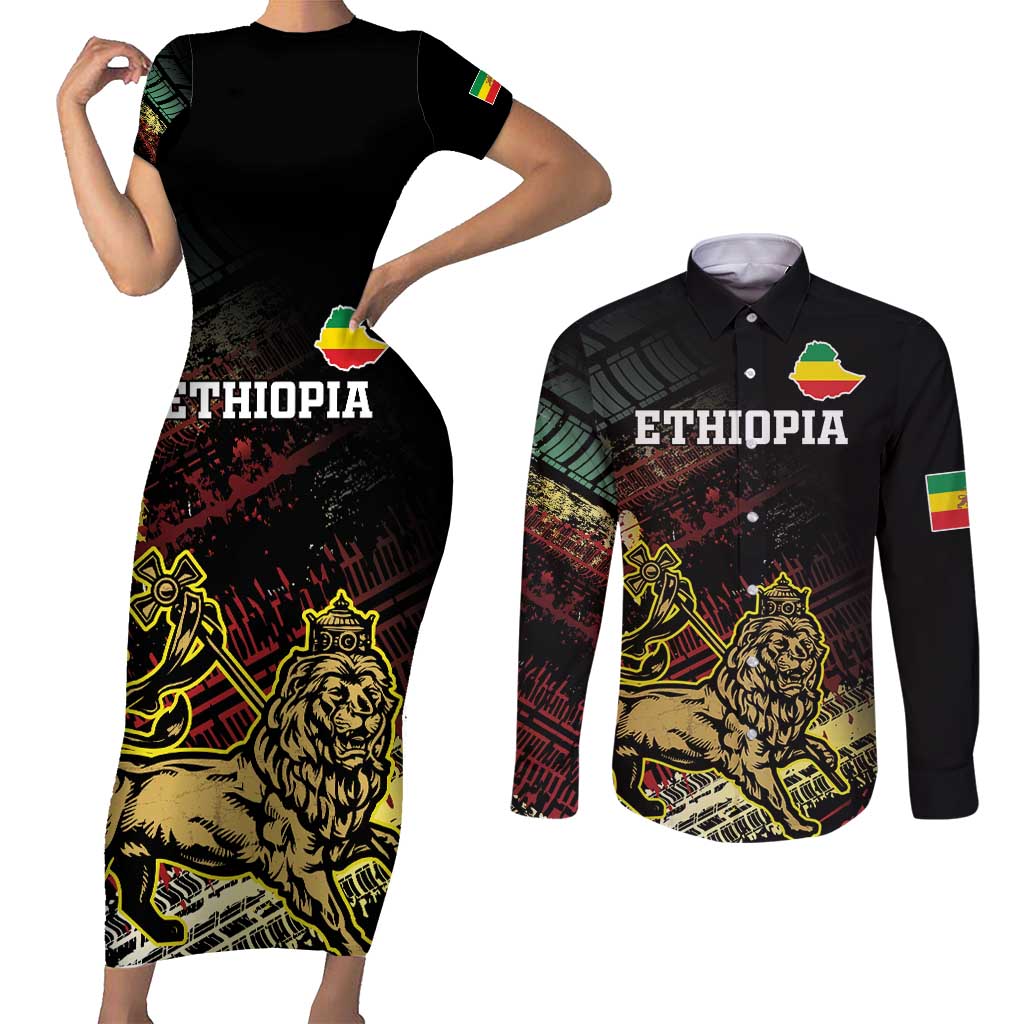 Meskel Ethiopia Couples Matching Short Sleeve Bodycon Dress and Long Sleeve Button Shirt Lion Of Judah With Grunge Patterns - Wonder Print Shop