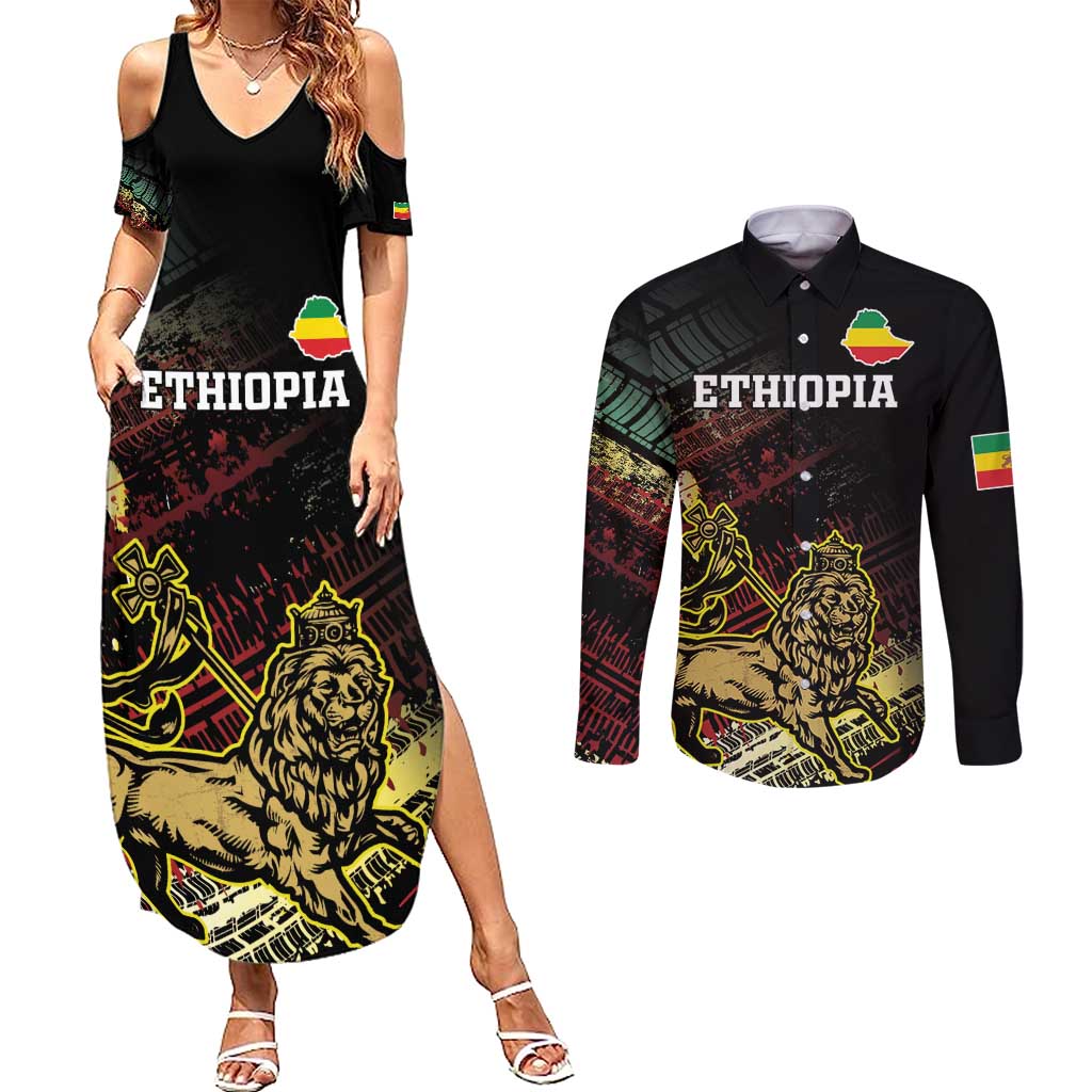 Meskel Ethiopia Couples Matching Summer Maxi Dress and Long Sleeve Button Shirt Lion Of Judah With Grunge Patterns - Wonder Print Shop