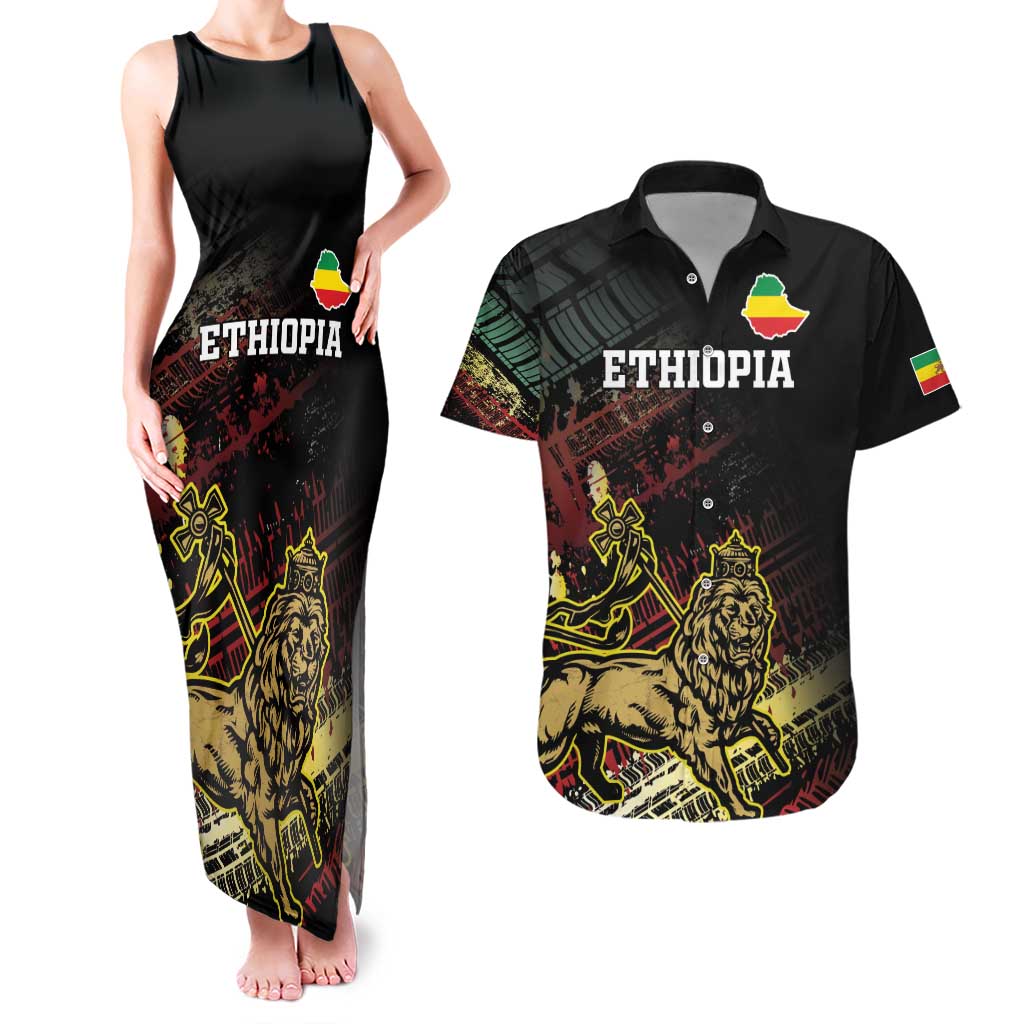 Meskel Ethiopia Couples Matching Tank Maxi Dress and Hawaiian Shirt Lion Of Judah With Grunge Patterns - Wonder Print Shop