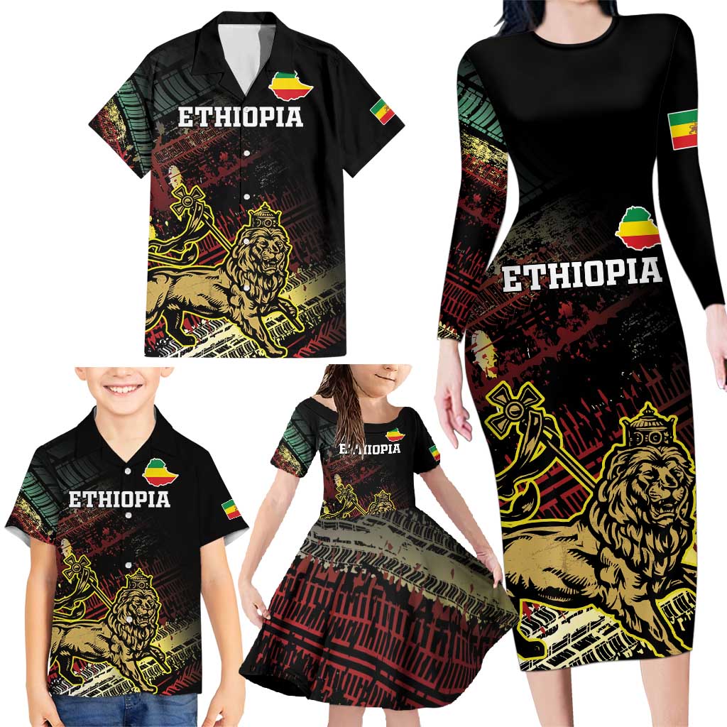 Meskel Ethiopia Family Matching Long Sleeve Bodycon Dress and Hawaiian Shirt Lion Of Judah With Grunge Patterns - Wonder Print Shop