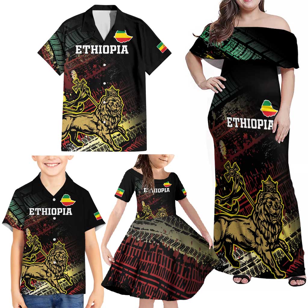 Meskel Ethiopia Family Matching Off Shoulder Maxi Dress and Hawaiian Shirt Lion Of Judah With Grunge Patterns