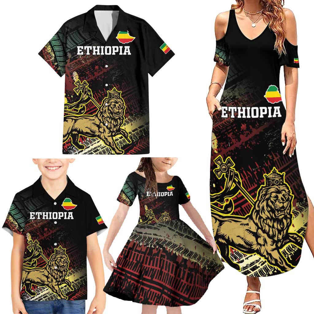 Meskel Ethiopia Family Matching Summer Maxi Dress and Hawaiian Shirt Lion Of Judah With Grunge Patterns - Wonder Print Shop