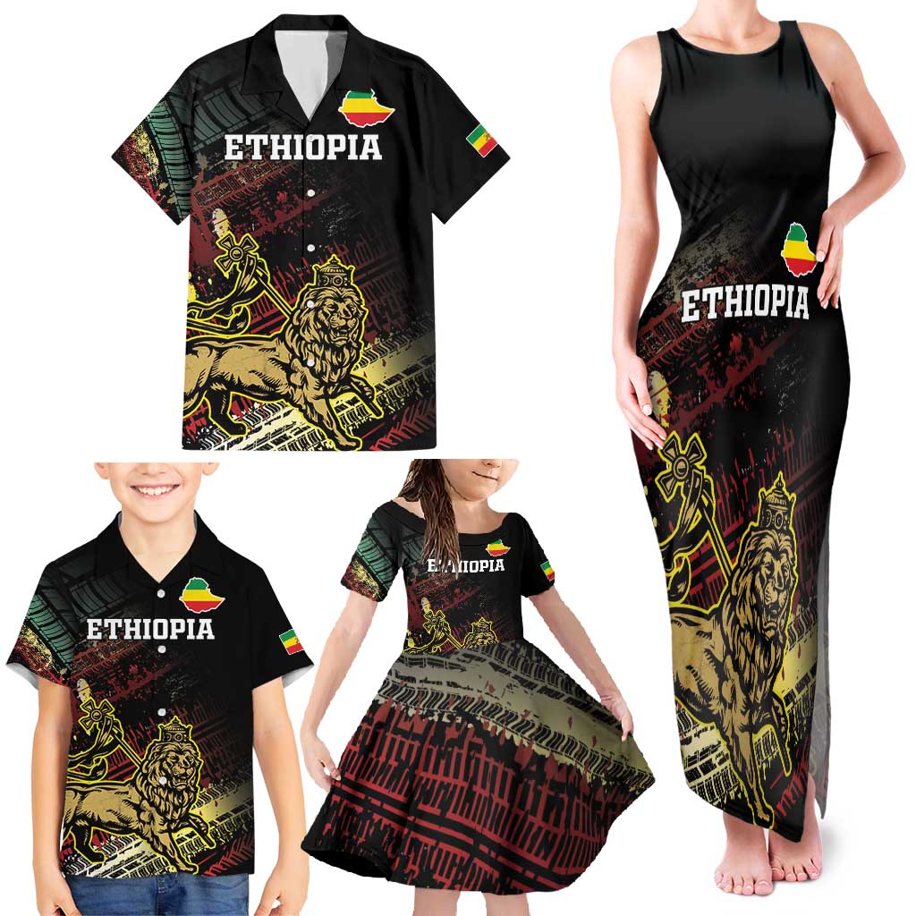 Meskel Ethiopia Family Matching Tank Maxi Dress and Hawaiian Shirt Lion Of Judah With Grunge Patterns - Wonder Print Shop