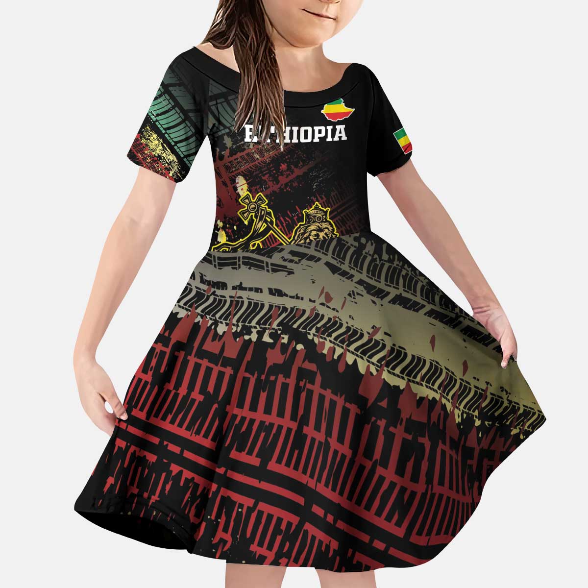 Meskel Ethiopia Kid Short Sleeve Dress Lion Of Judah With Grunge Patterns