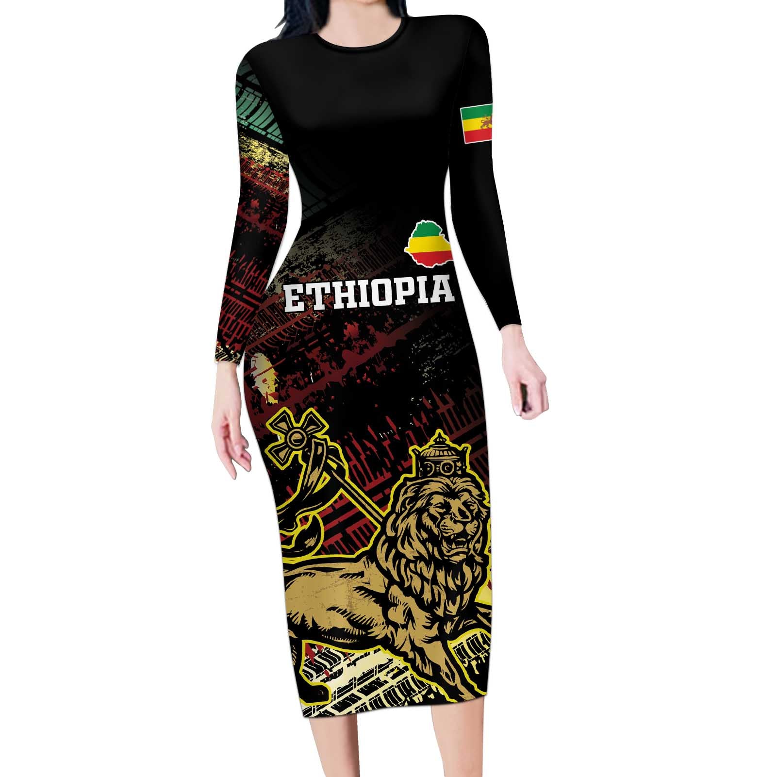 Meskel Ethiopia Long Sleeve Bodycon Dress Lion Of Judah With Grunge Patterns