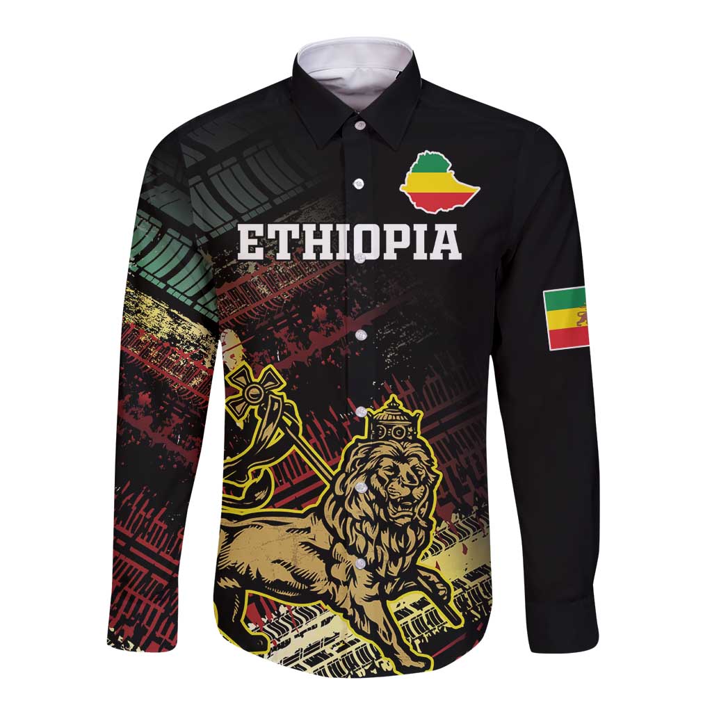 Black long-sleeve button shirt with Ethiopia text, lion print, and flag sleeve patches