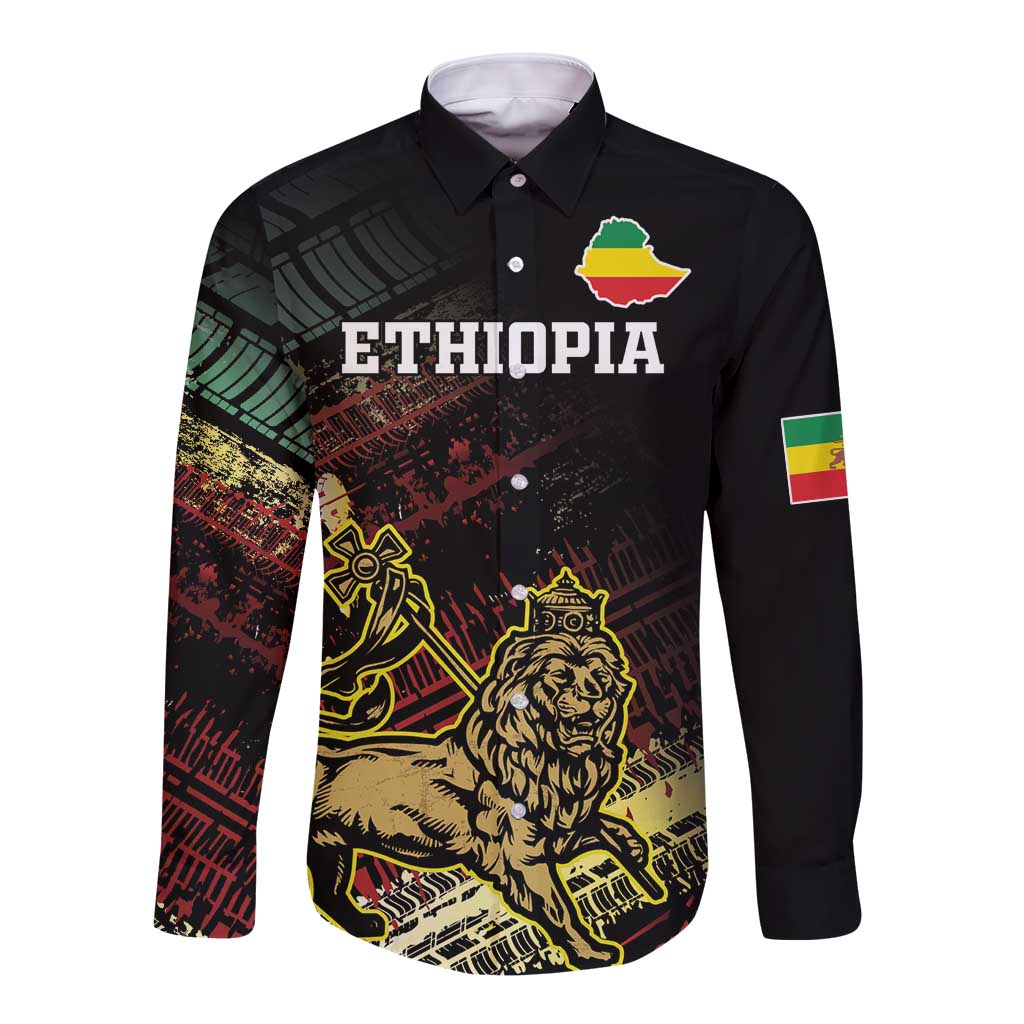 Meskel Ethiopia Long Sleeve Button Shirt Lion Of Judah With Grunge Patterns - Wonder Print Shop