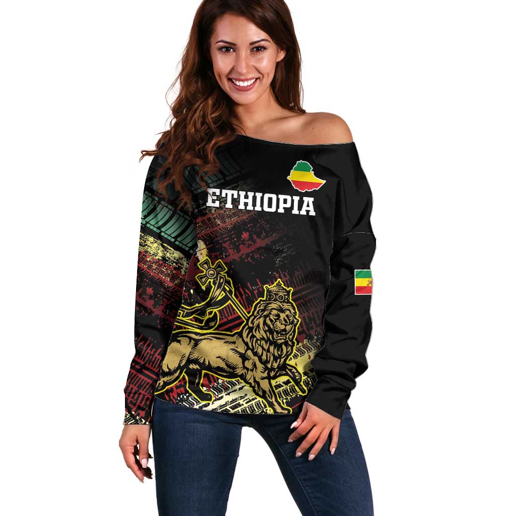 Meskel Ethiopia Off Shoulder Sweater Lion Of Judah With Grunge Patterns