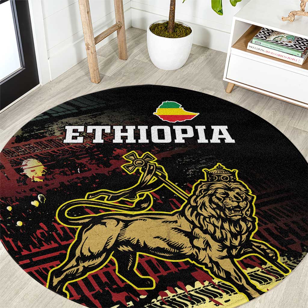 Round black Ethiopia rug with Lion of Judah graphic and green-yellow grunge pattern