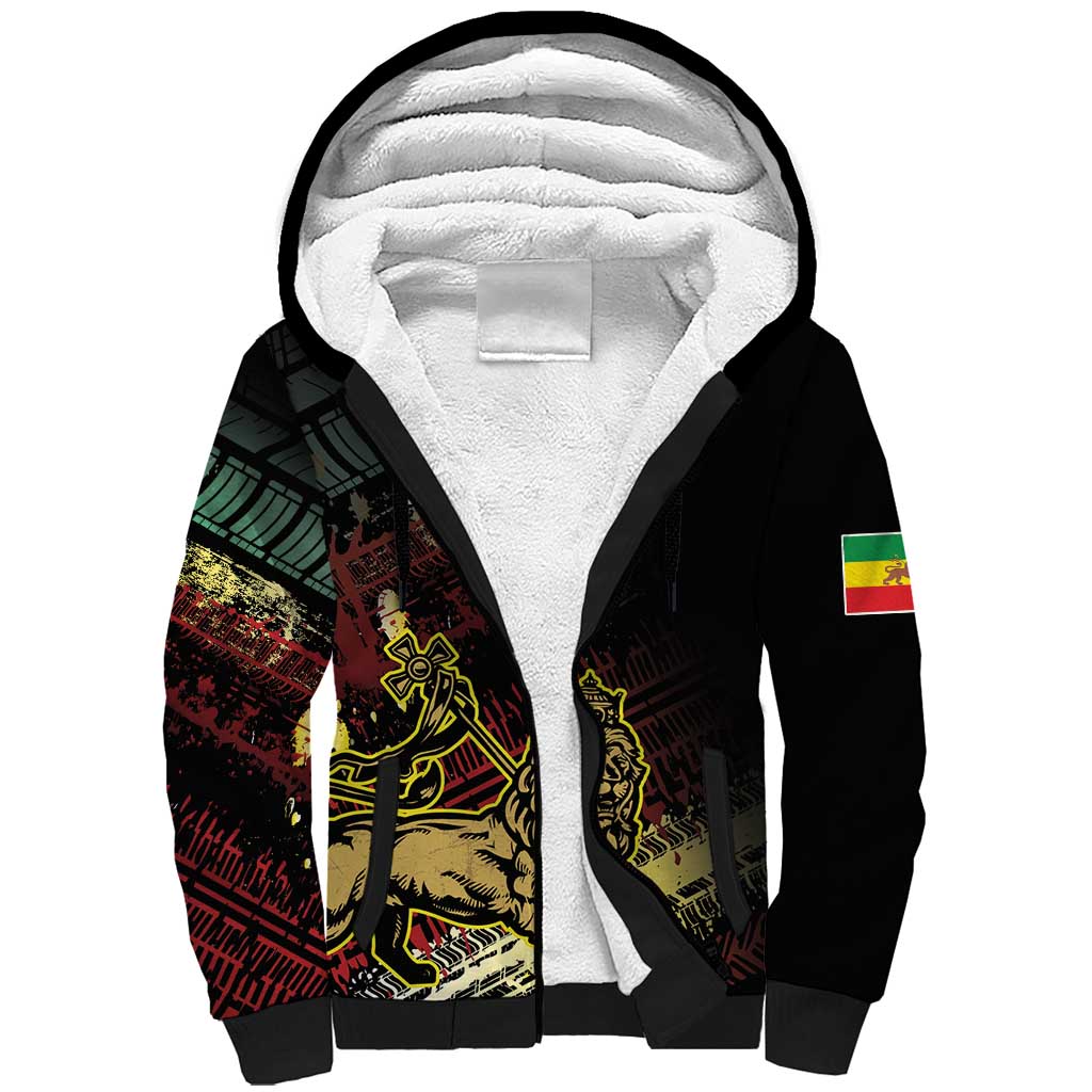 Meskel Ethiopia Sherpa Hoodie Lion Of Judah With Grunge Patterns