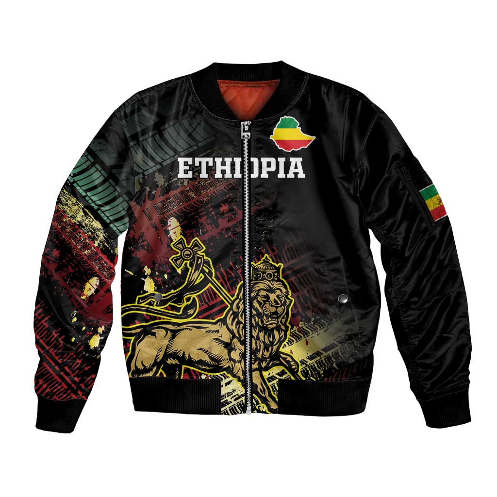 Meskel Ethiopia Sleeve Zip Bomber Jacket Lion Of Judah With Grunge Patterns