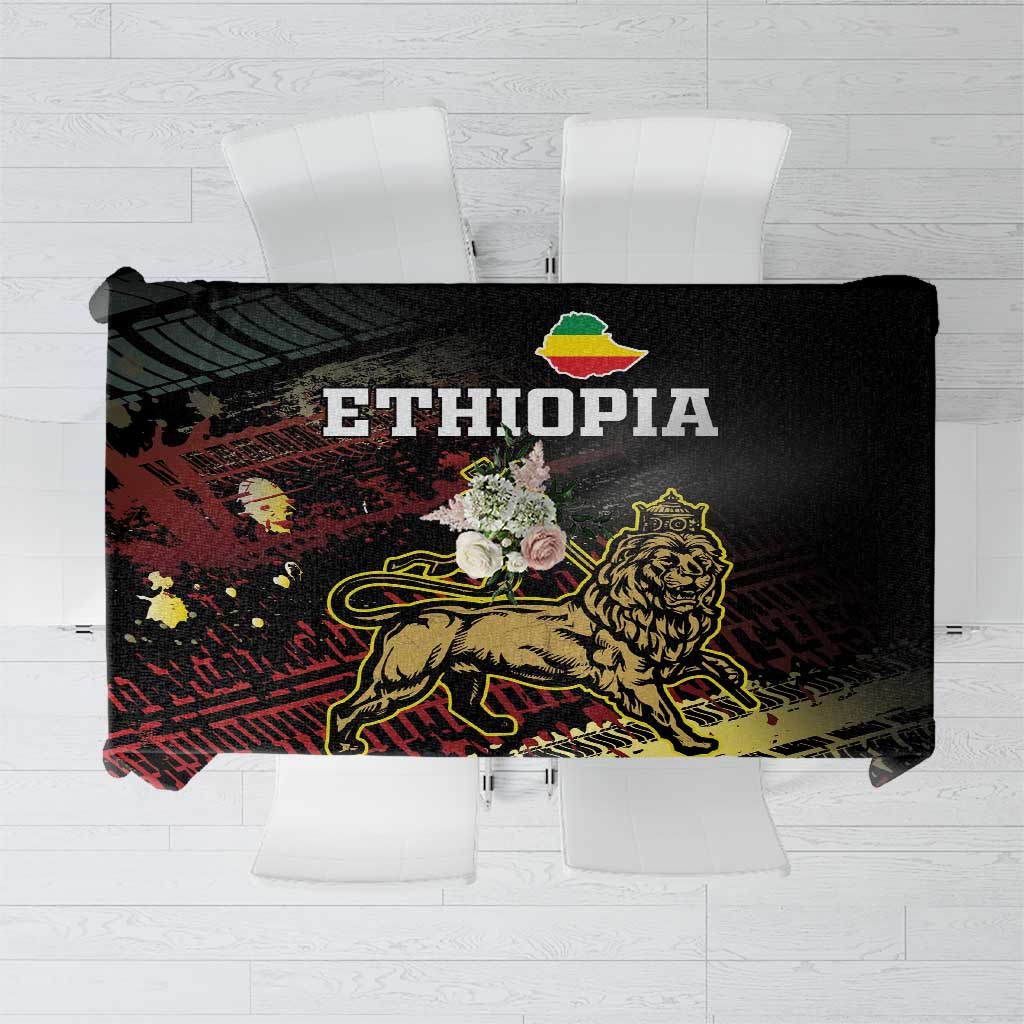 Meskel Ethiopia lion-of-Judah grunge-pattern tablecloth, black with emblem and text