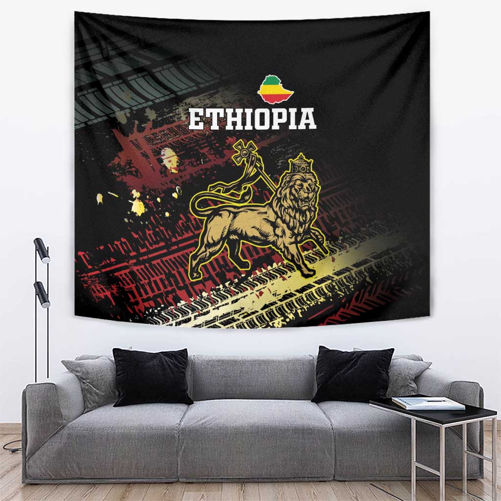 Black Ethiopia tapestry with gold lion and lion-maned figure, grunge pattern and decorative shapes