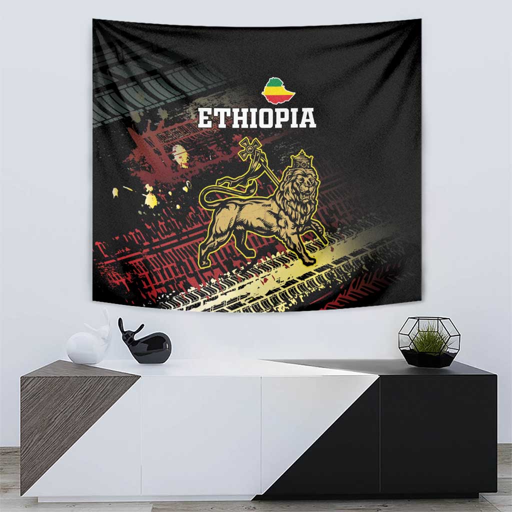 Black Ethiopia wall tapestry showing gold lion and grunge pattern with red and green accents
