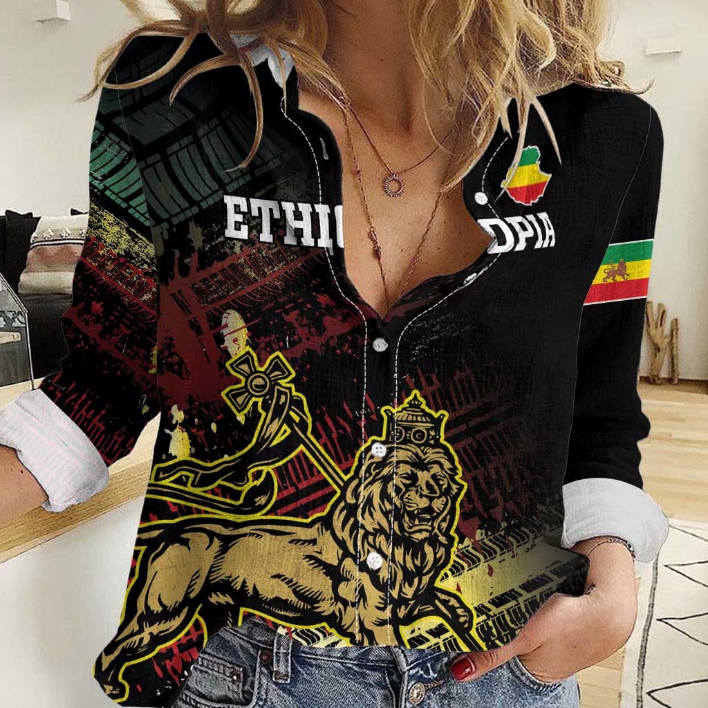 Meskel Ethiopia Women Casual Shirt Lion Of Judah With Grunge Patterns