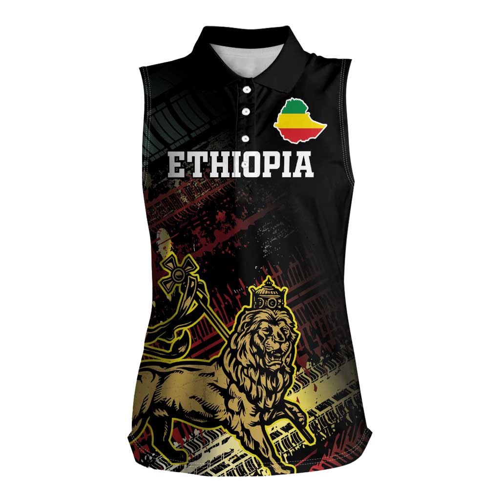 Meskel Ethiopia Women Sleeveless Polo Shirt Lion Of Judah With Grunge Patterns