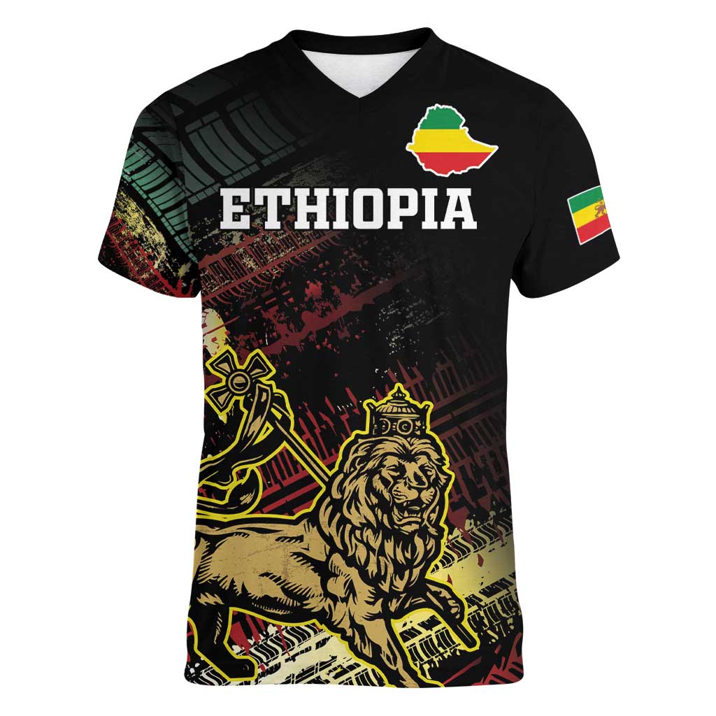 Meskel Ethiopia Women V-Neck T-Shirt Lion Of Judah With Grunge Patterns