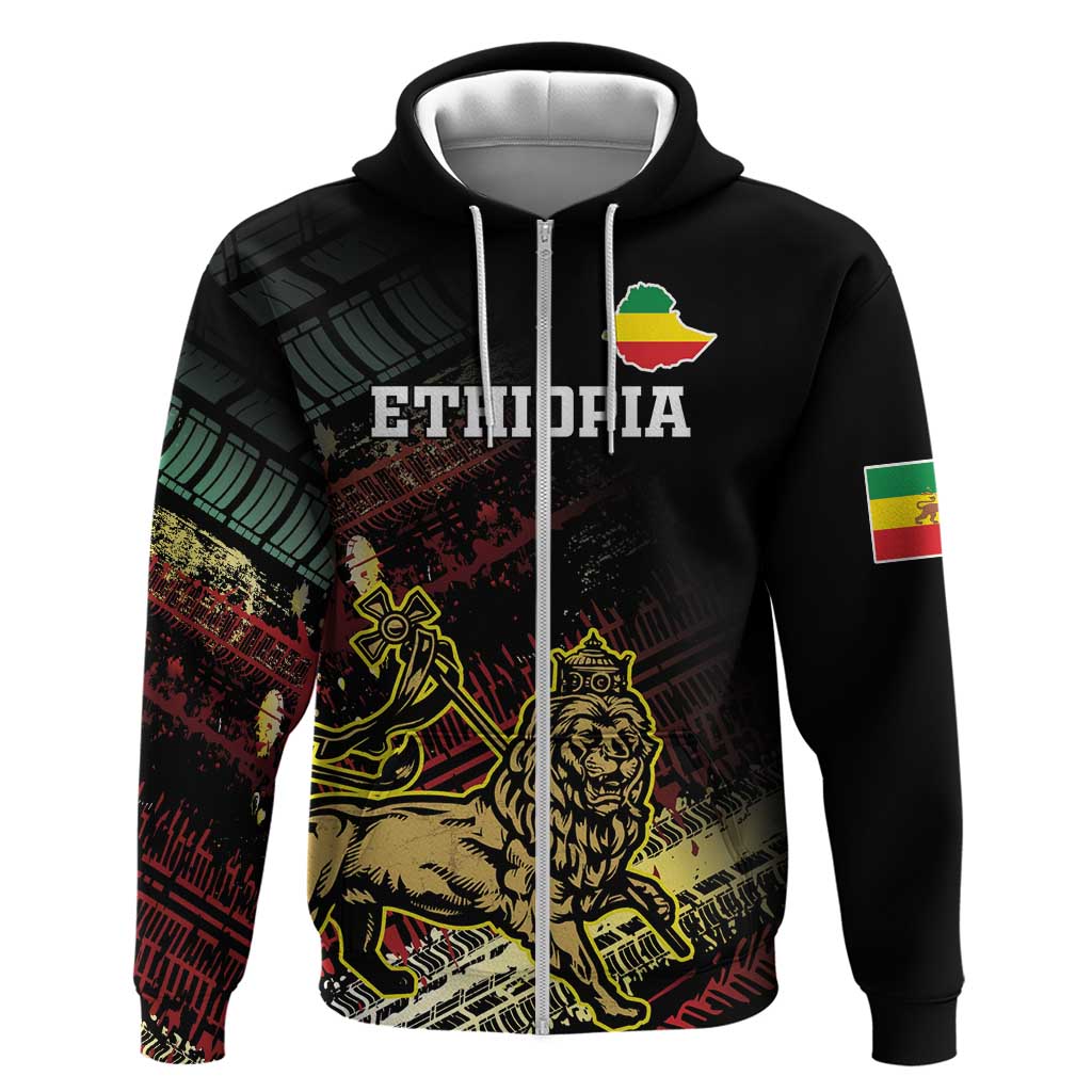 Meskel Ethiopia Zip Hoodie Lion Of Judah With Grunge Patterns