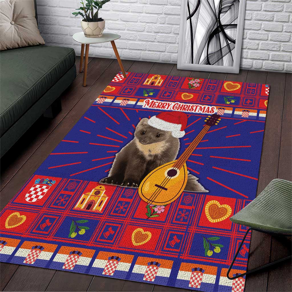 Croatia Christmas area rug with blue background, red pattern border, cartoon animal in Santa hat