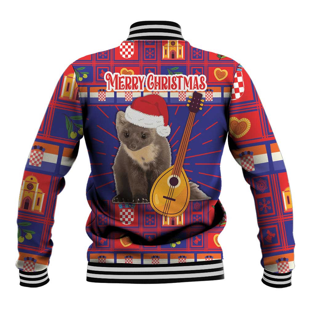 Red Christmas baseball jacket with 'Merry Christmas' text, Santa cat and guitar graphic