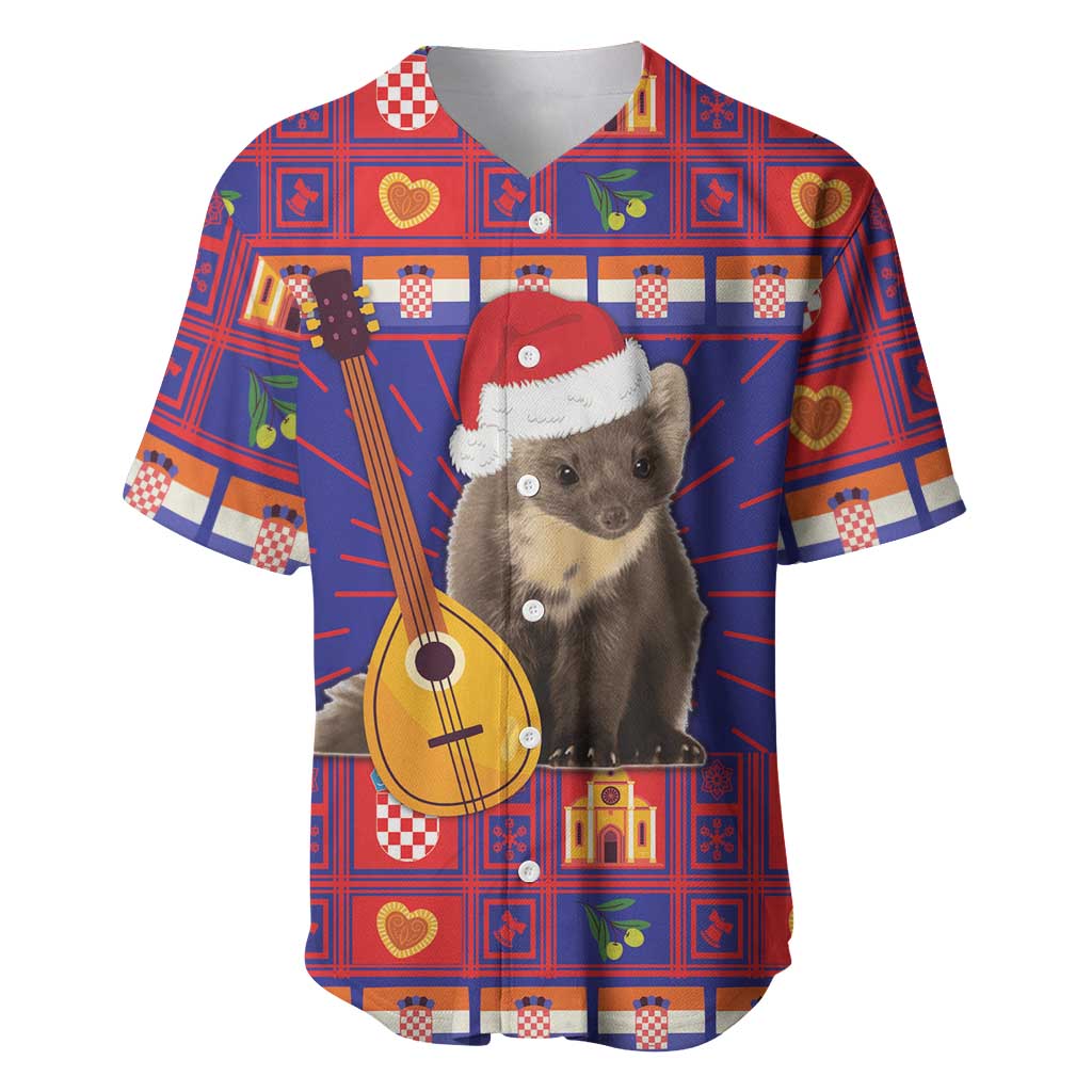 Red blue button-up baseball jersey with bear wearing Santa hat and guitar art.
