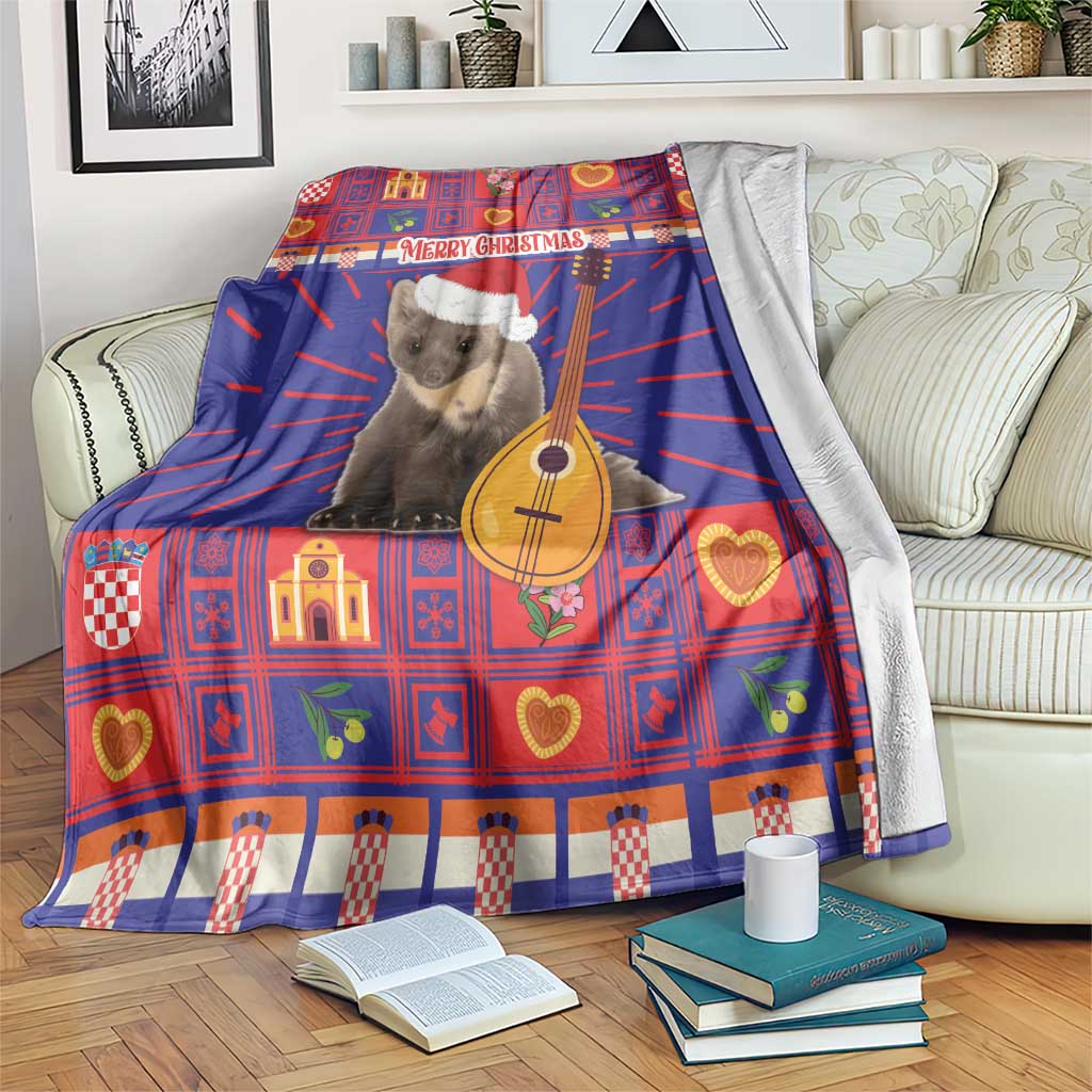 Red and blue plaid Christmas blanket with koala in Santa hat and guitar, Merry Christmas