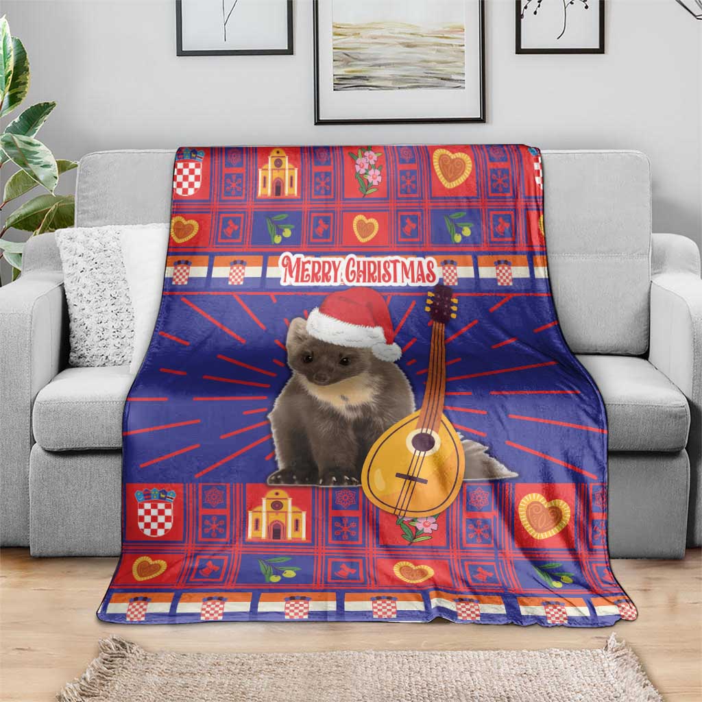Red and blue plaid Christmas blanket with koala wearing Santa hat and guitar, Merry Christmas