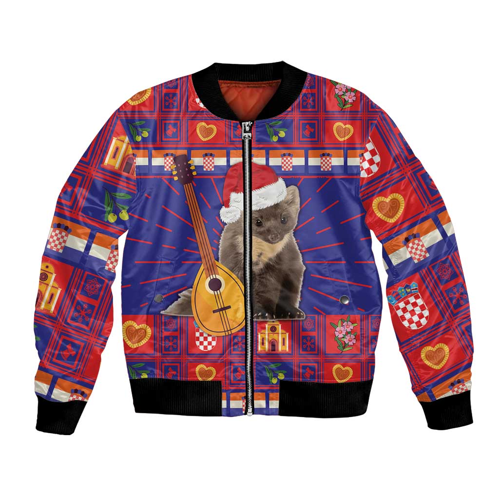 Red blue bomber jacket with zipper, Santa-hat rat graphic on patchwork plaid