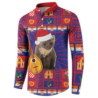 Christmas button sweatshirt with plaid pattern, koala in Santa hat, and guitar graphic