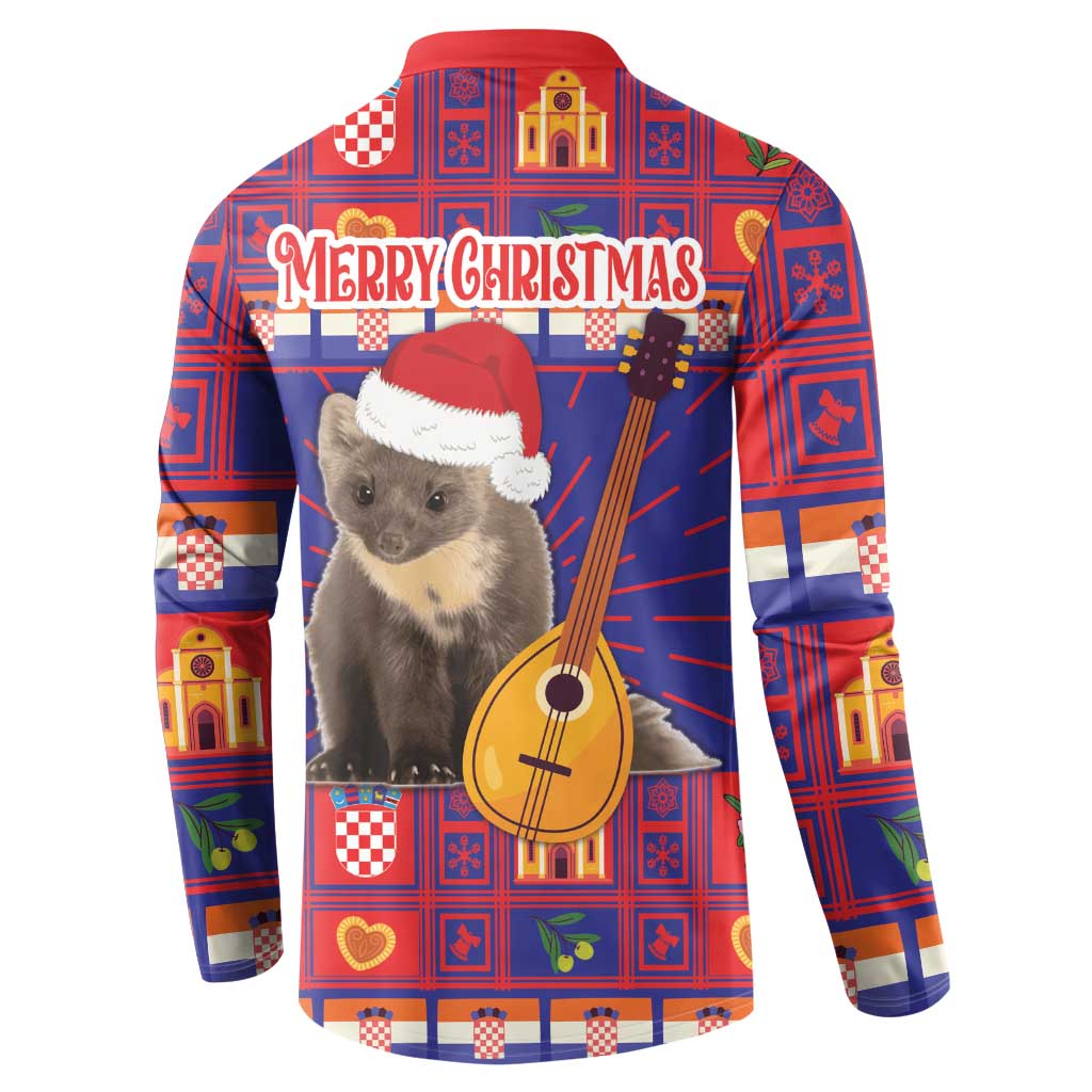 Christmas button sweatshirt back with “Merry Christmas” text and plaid koala with guitar