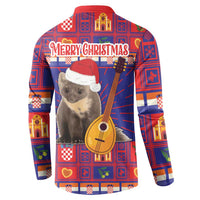 Christmas button sweatshirt back with “Merry Christmas” text and plaid koala with guitar