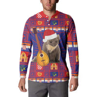 Christmas button sweatshirt with red collar and plaid koala wearing Santa hat