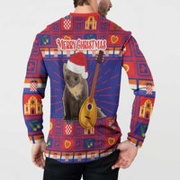 Christmas button sweatshirt back view with “Merry Christmas” and plaid koala graphic