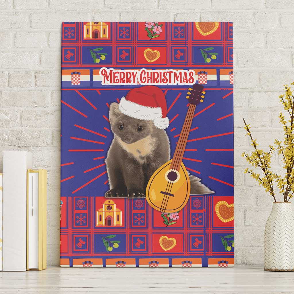 Framed red and blue Christmas wall art with Merry Christmas text, Santa-hat animal and guitar