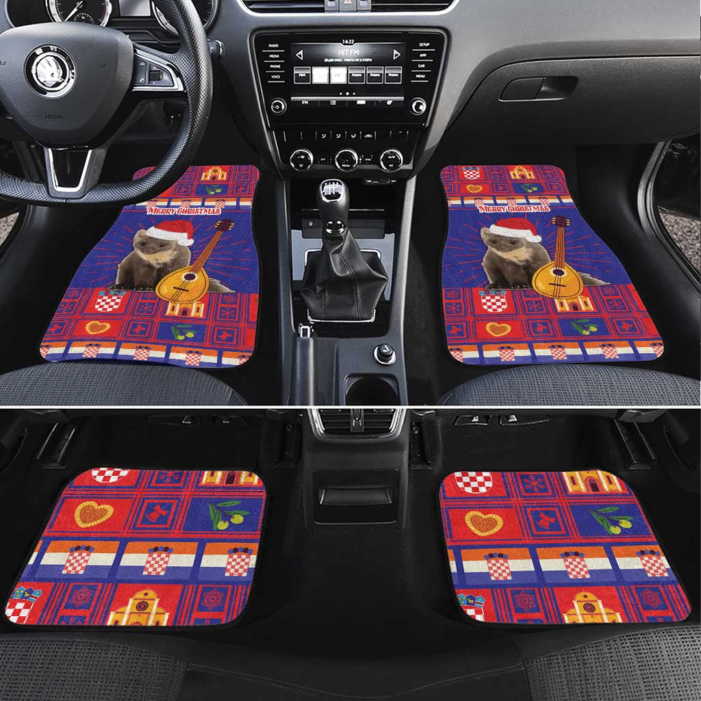 Christmas car mats with blue red patchwork design, Santa bear and guitar