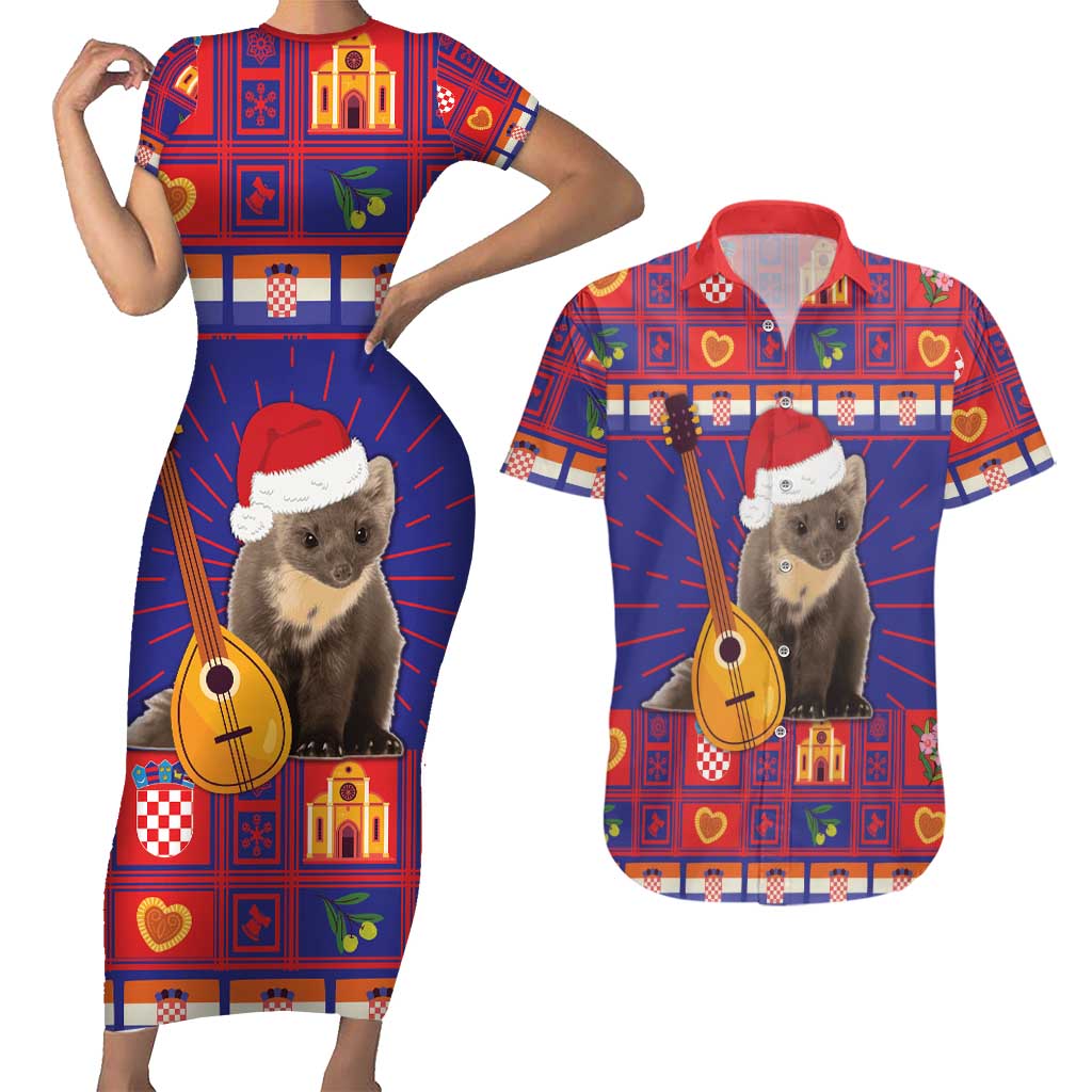 Croatia Christmas Couples Matching Short Sleeve Bodycon Dress and Hawaiian Shirt Kuna Zlatica Merry Xmas