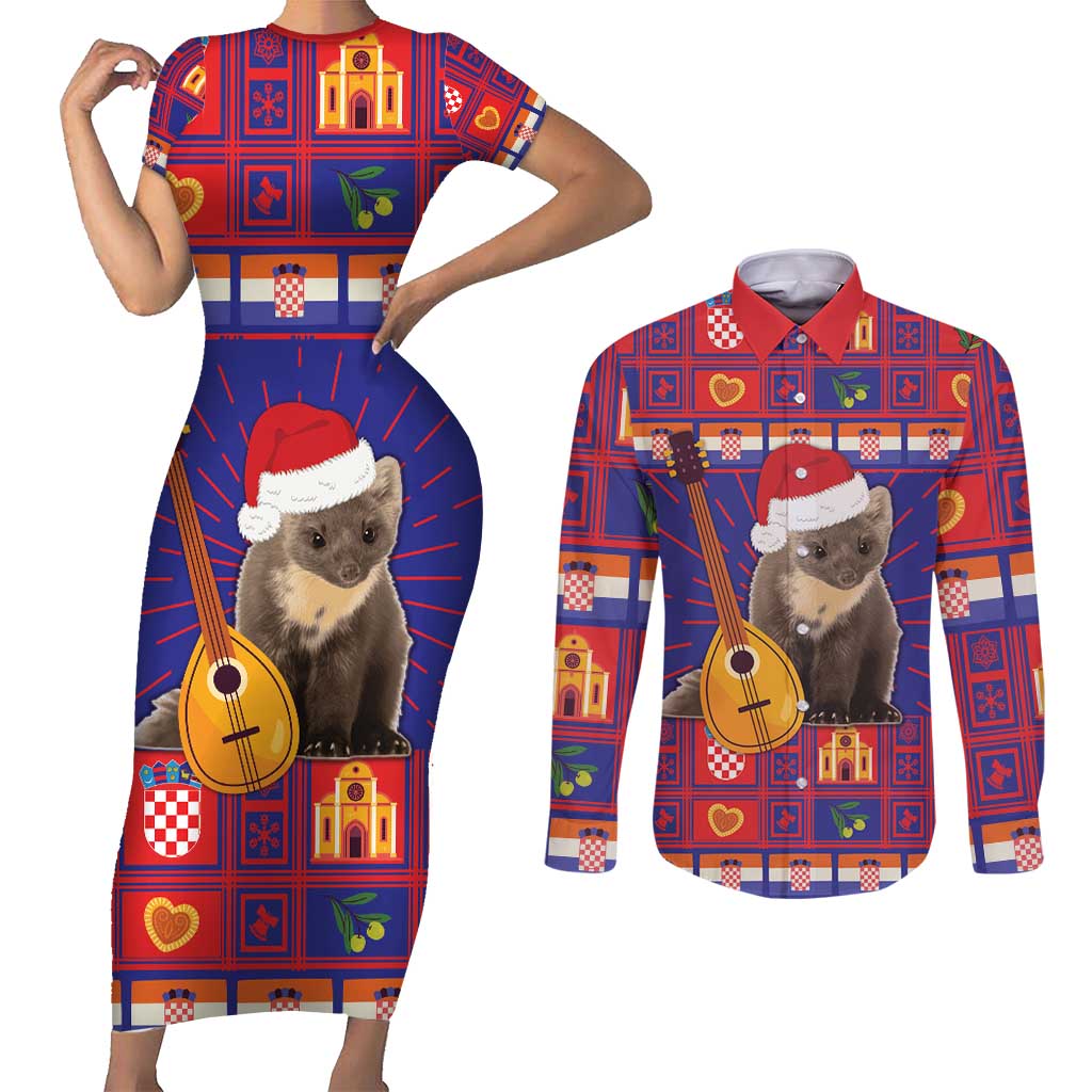 Croatia Christmas Couples Matching Short Sleeve Bodycon Dress and Long Sleeve Button Shirt Kuna Zlatica Merry Xmas