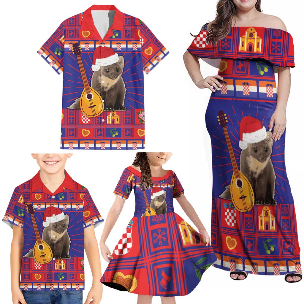 Croatia Christmas Family Matching Off Shoulder Maxi Dress and Hawaiian Shirt Kuna Zlatica Merry Xmas - Wonder Print Shop