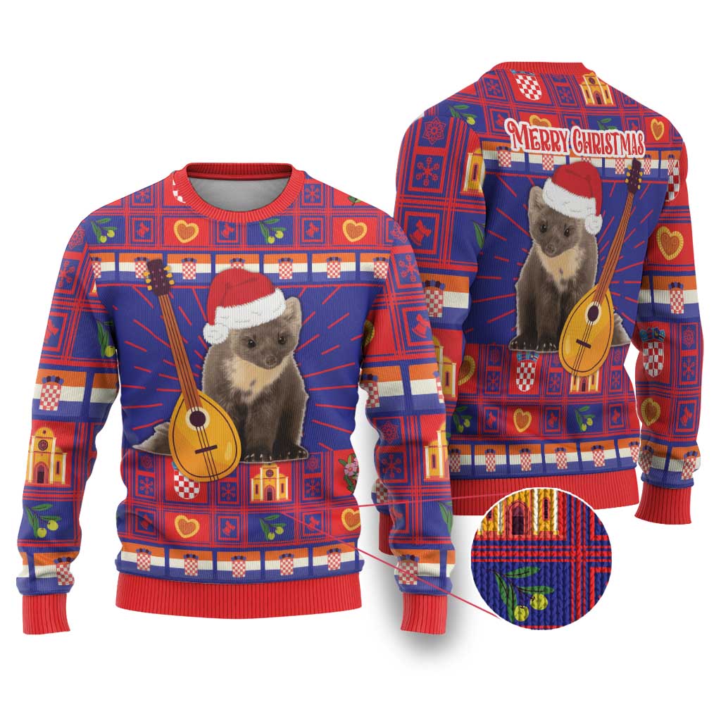Red and blue ugly Christmas sweater with bear holding guitar, Merry Christmas front