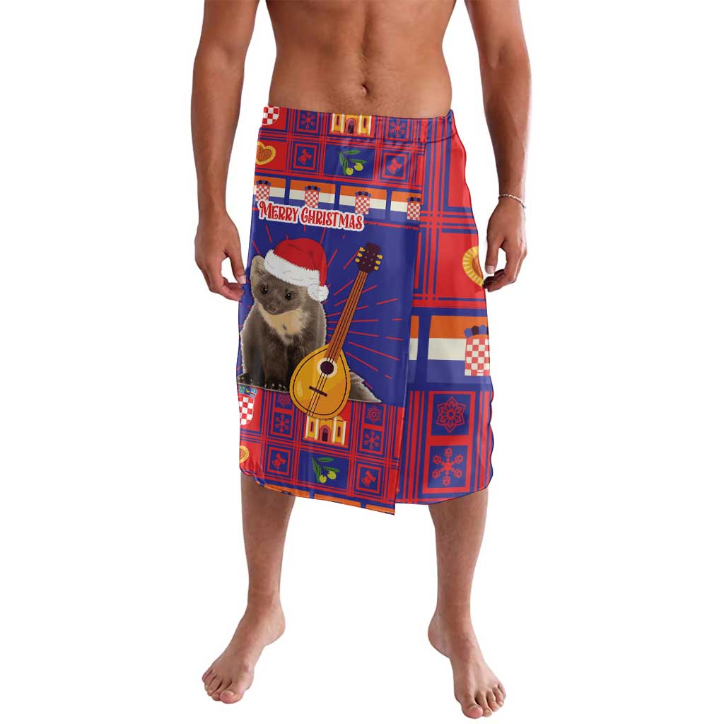 Red and blue Christmas lavalava skirt with check pattern and guitar graphic, elastic waist