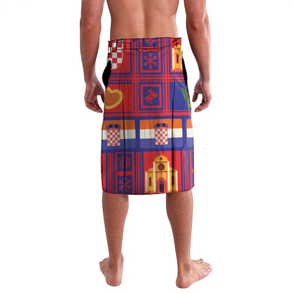 Blue and red Christmas lavalava skirt with house and heart icons, elastic waist