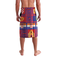 Blue and red Christmas lavalava skirt with house and heart icons, elastic waist