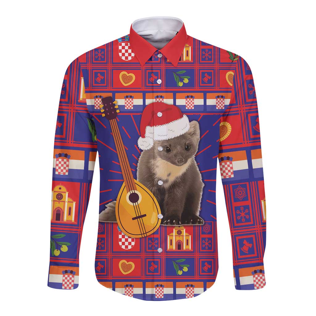 Red and blue plaid long-sleeve button shirt with cat in Santa hat and guitar graphic