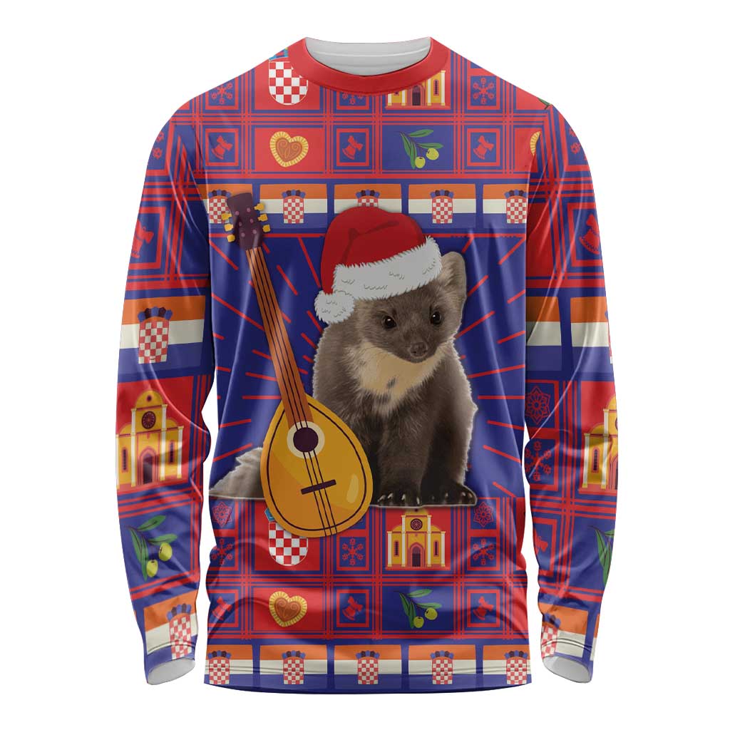 Unisex long sleeve Christmas shirt, red and blue plaid with cat in Santa hat