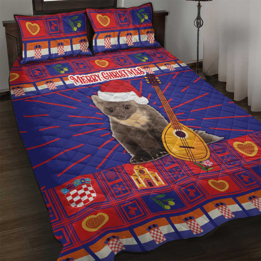 Blue and red Christmas quilt bed set with kitten and guitar, “Merry Christmas” on quilt