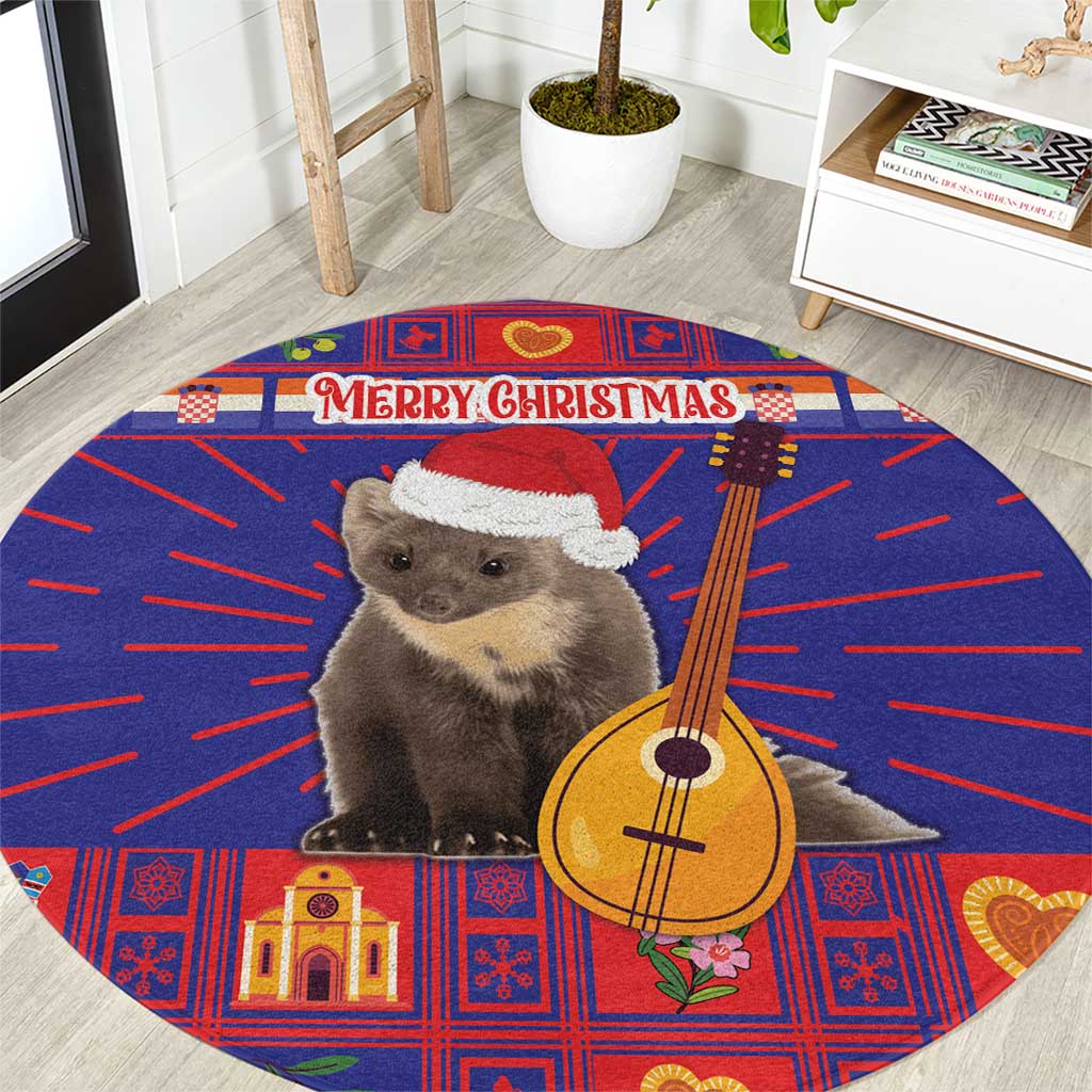 Round Christmas rug with bear wearing a Santa hat holding a yellow guitar, 'Merry Christmas' banner