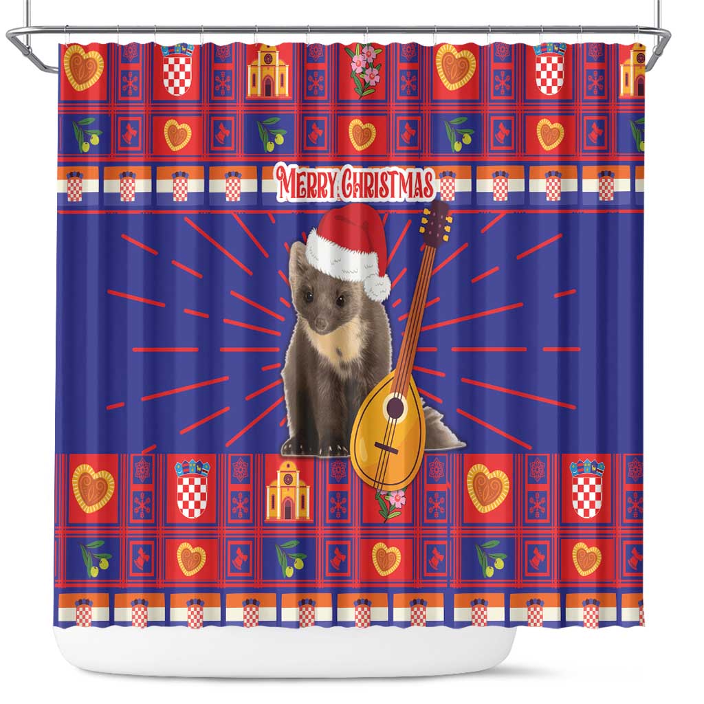 Blue red Christmas shower curtain with central animal in Santa hat and guitar